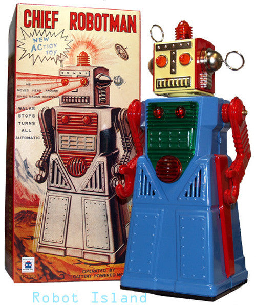 Chief Robotman Robot BLUE Tin Toy Battery Operated Robot Robot