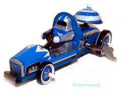 Blue Robot Racer Tin Toy Windup Race Car Blue