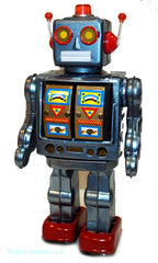 Blue ME100 Tin Toy Robot Blue Metallic Battery Operated