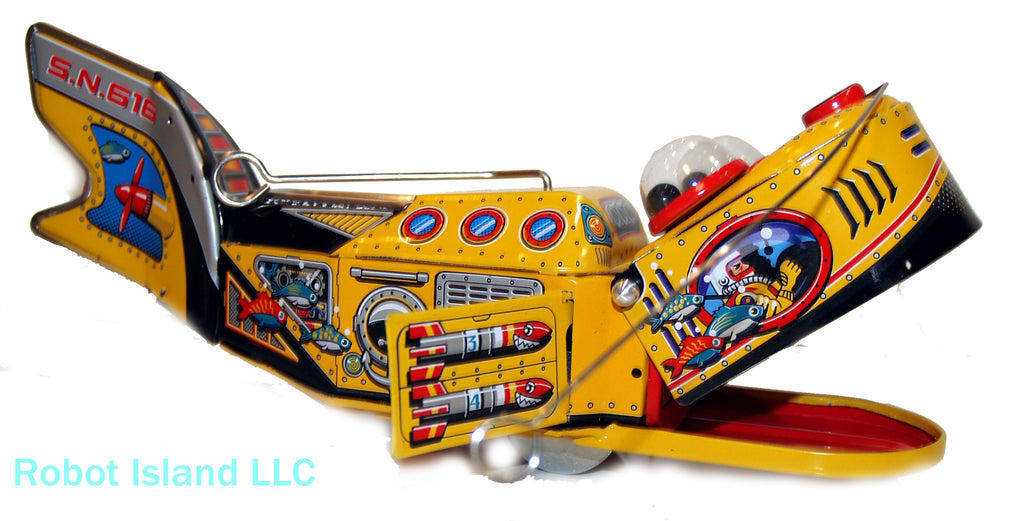 Yellow Space Robot Whale Windup Tin Toy St. John Marxu
