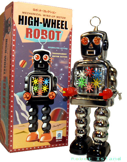 High Wheel Gear Robot Chrome Windup Tin Toy