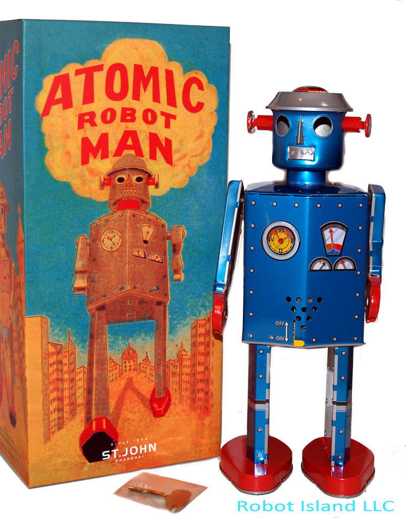 Atomic Robot Man Windup Giant Tin Toy Blue 12" Tall - St. John Toys