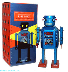 Blue R-35 Robot Windup Tin Toy St. John Marxu