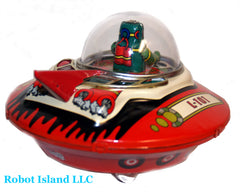 Flying Saucer Space Ship Astronaut Windup crank Tin Flying Saucer