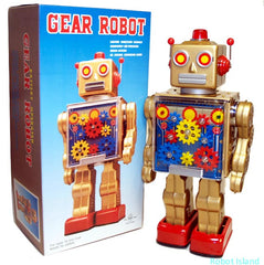 ARRIVED! Gear Robot Japan Metal House Tin Toy Gold Battery Operated
