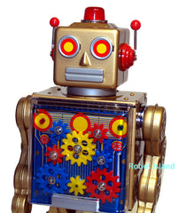 ARRIVED! Gear Robot Japan Metal House Tin Toy Gold Battery Operated