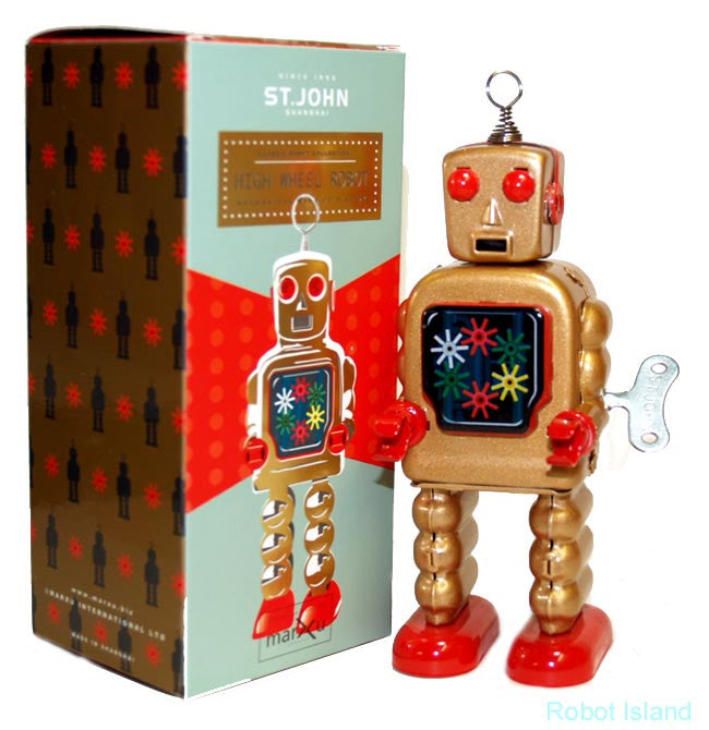 Gold High Wheel Robot Jr. Tin Toy Windup - St. John Toys