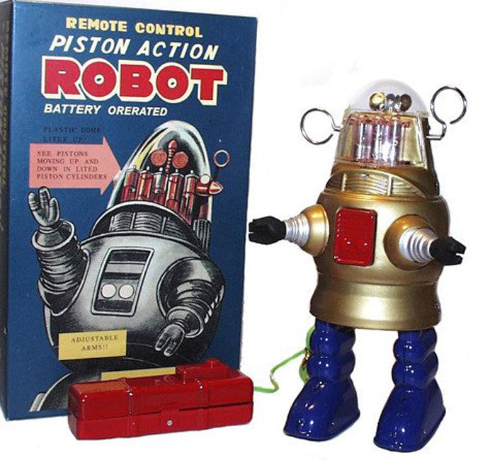 Piston Action Robot Robby the Robot Tin Gold Battery Operated SALE!