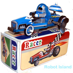 Blue Robot Racer Tin Toy Windup Race Car Blue