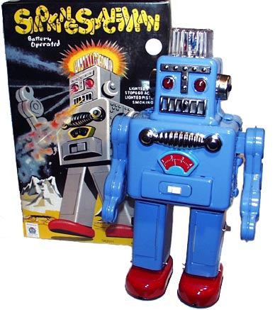 Smoking Spaceman Robot Tin Toy Blue Battery Operated