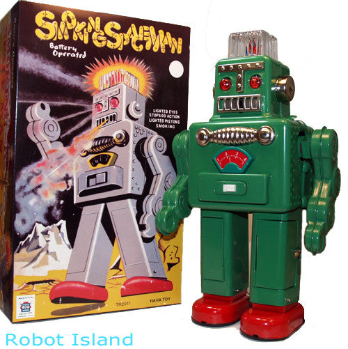 Smoking Spaceman Robot Tin Battery Operated Green