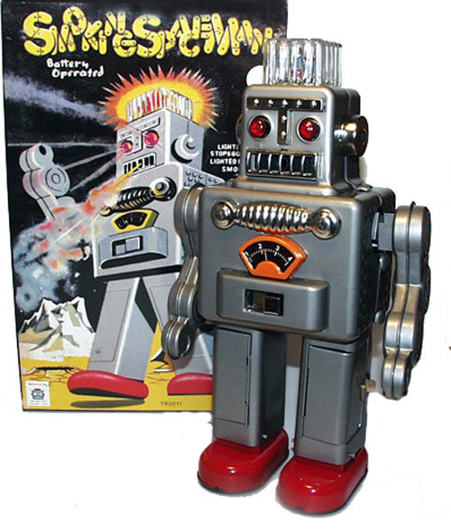 Grey Smoking Spaceman Robot Tin Battery Operated