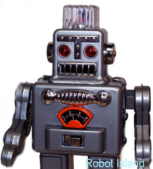 Grey Smoking Spaceman Robot Tin Battery Operated