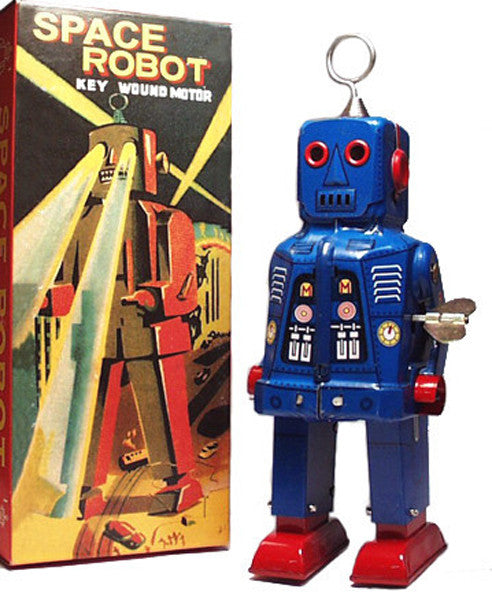 Blue Sparky Robot Tin Toy Wind Up Blue