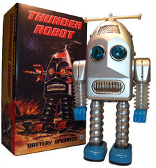 ARRIVED! Battery Operated Thunder Robot Silver Tin Toy